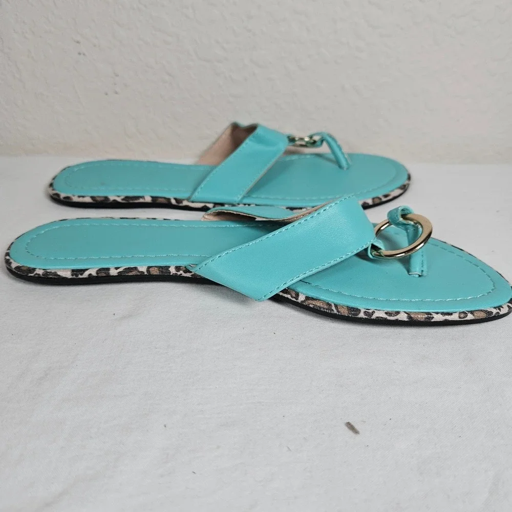 Turquoise Faux Leather Thong Sandals Gold Ring Leopard Trim Flat Slides Size 9